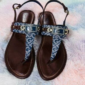 Guess “Jonna” Sandals Brown/Blue Size 7.5 logo sequin,bling Y2K style
